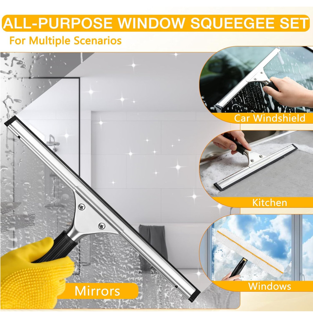 Professional Window Cleaning Squeegee Kit- 14 Squeegee & Microfiber Rotatable W