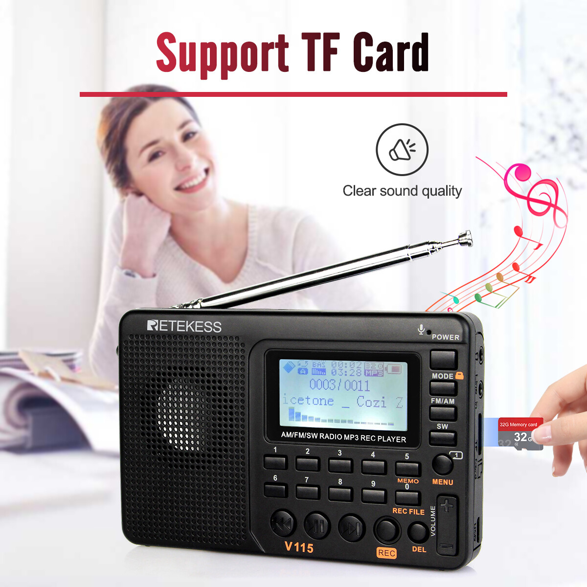 Retekess V115 Portable AM/FM/SW Radio Receiver MP3 Player Rechargeable Home Gift