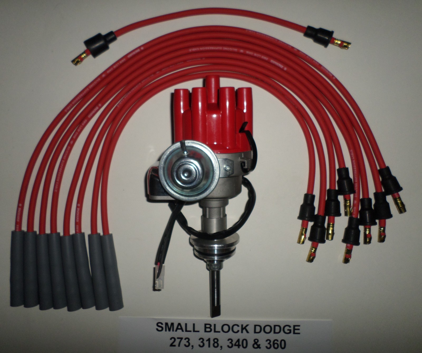 DODGE 273-318-340-360  RED Small Female Cap HEI Distributor & Spark Plug Wires