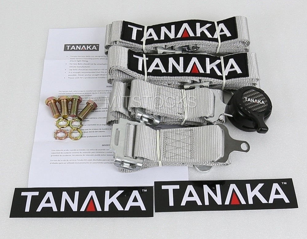 2X TANAKA UNIVERSAL GRAY 4 POINT CAMLOCK QUICK RELEASE RACING SEAT BELT HARNESS