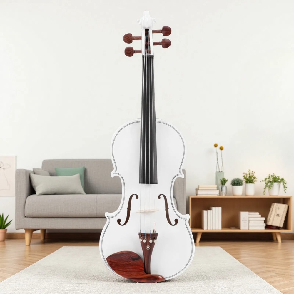 4/4 Solid Spruce Top Acoustic Beginner Violin Set - Tuner, White, Shoulder Rest