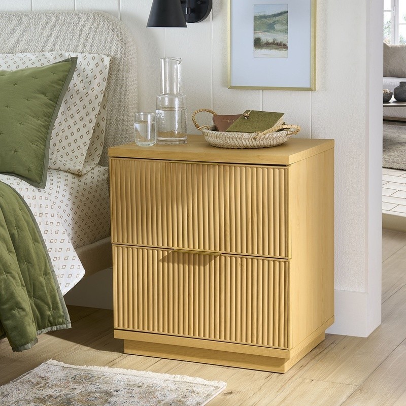 Fluted 2-Drawer Nightstand W/ USB Charging Natural Pine Bedside Table Storage