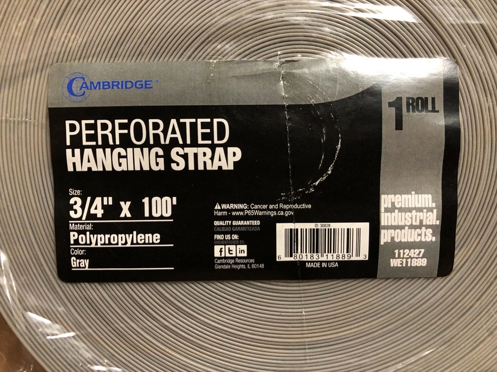 Cambridge Perforated Hanging Strap 3/4" x 100' Polypropylene, Gray **