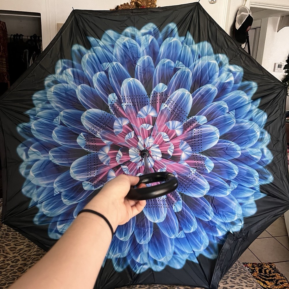 Inverted Reverse Umbrella C-Shaped Handle Windproof Double Layer Blue Flower New