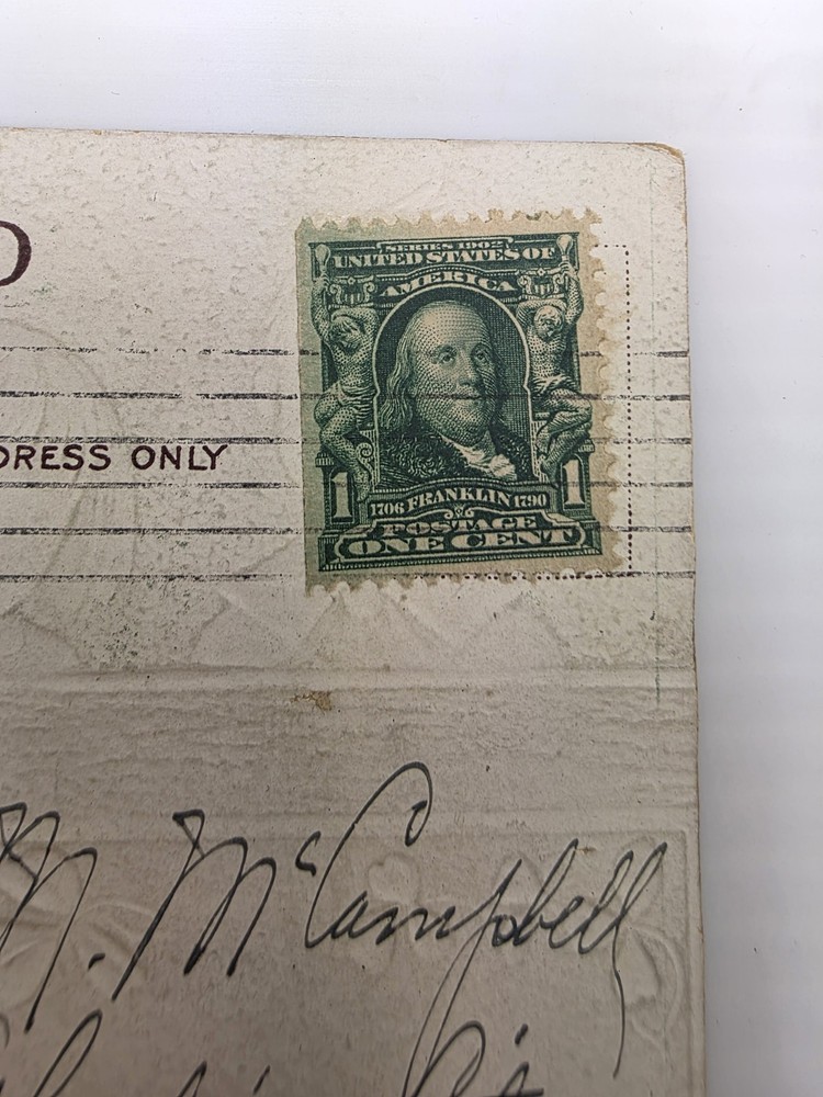 Rare 1908 Benjamin Franklin 1 Cent Stamp Left Flat Edge on Easter Postcard