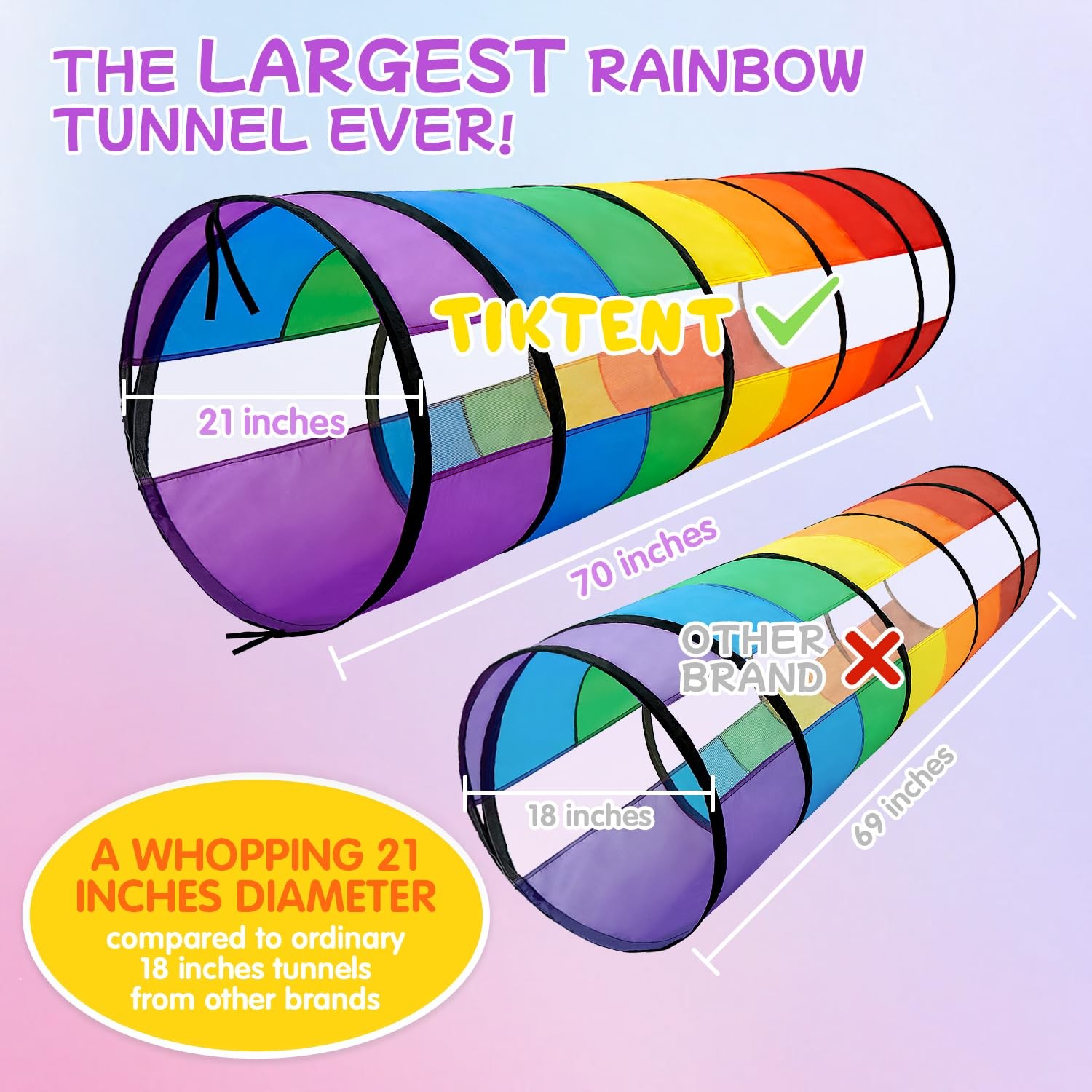 Kids Play Tunnel for Toddlers, Large 21" Colorful Rainbow Pop Up Crawl Throug...