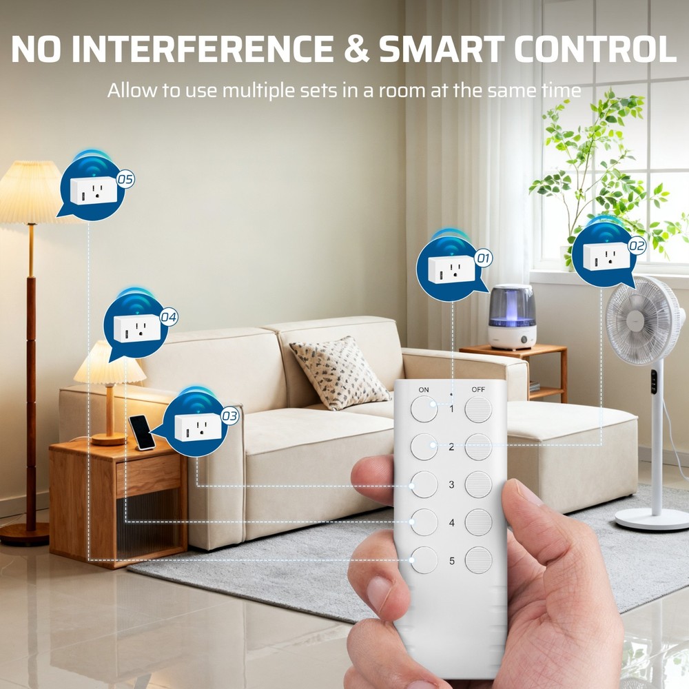 Wireless Remote Control Outlet 5 Outlets 2 Remotes 200FT Range for Lights Fan