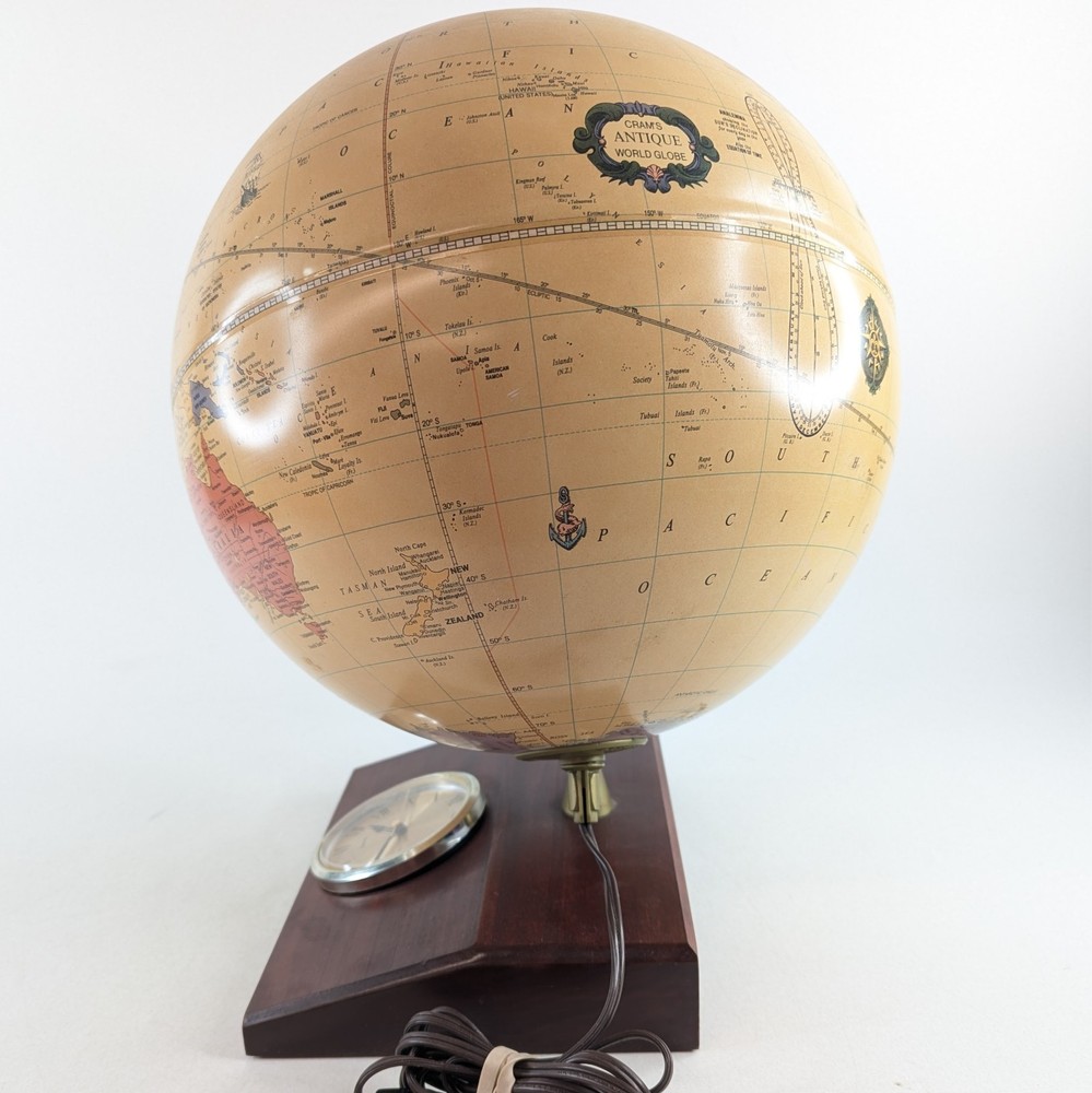 Replogle Illuminated Globe Vintage Wood Base Clock Lighted Rare EUC