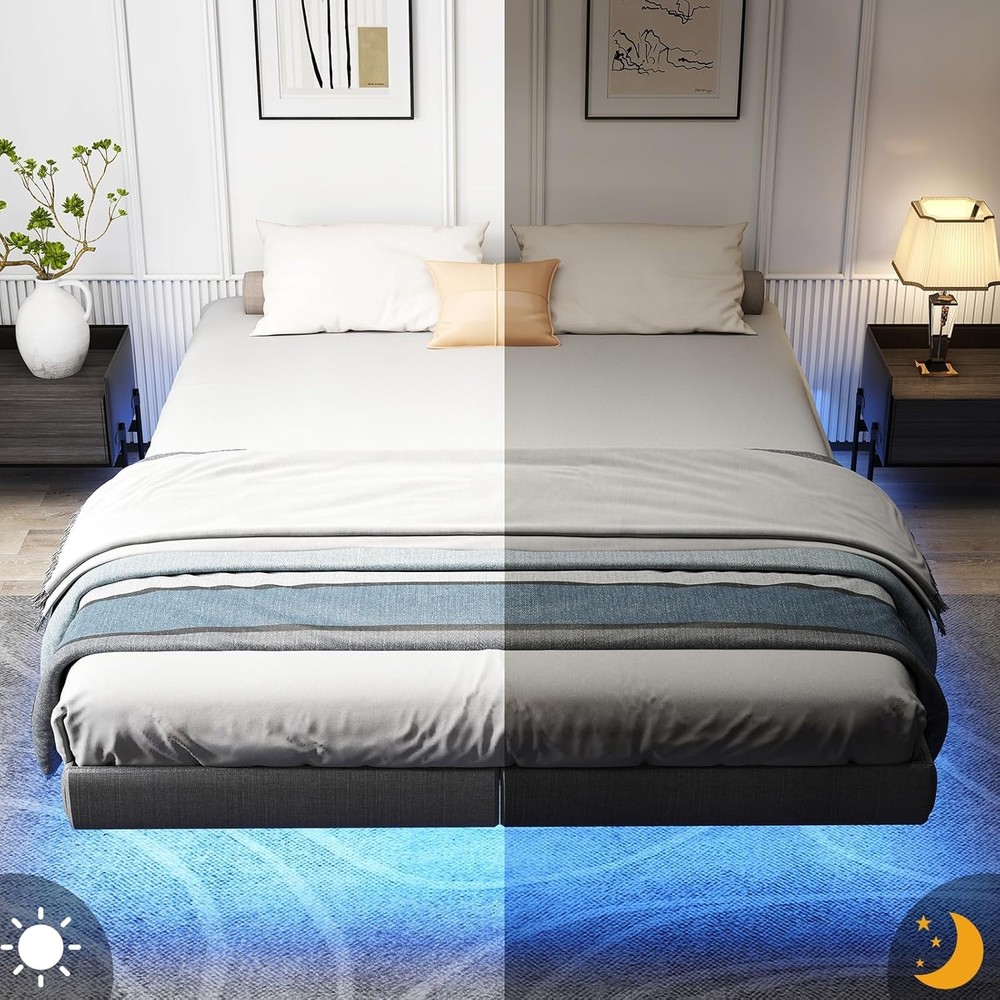 Floating Metal Bed Frame King with LED Lights, King Bed Frame Grey