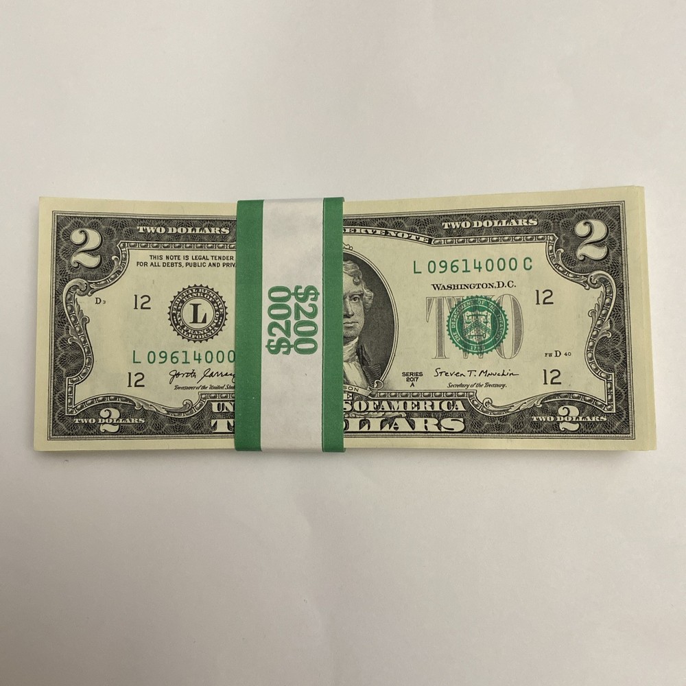 100 TWO DOLLAR BILLS - $2 UNCIRCULATED SEQUENTIAL STRAP-2017A GEM CU