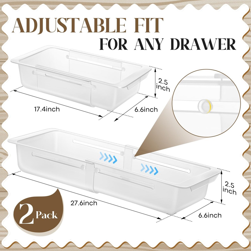 2 Pack Deep Drawer Organizer Bins, Adjustable Sliding Drawer Organizer Bin Ex...