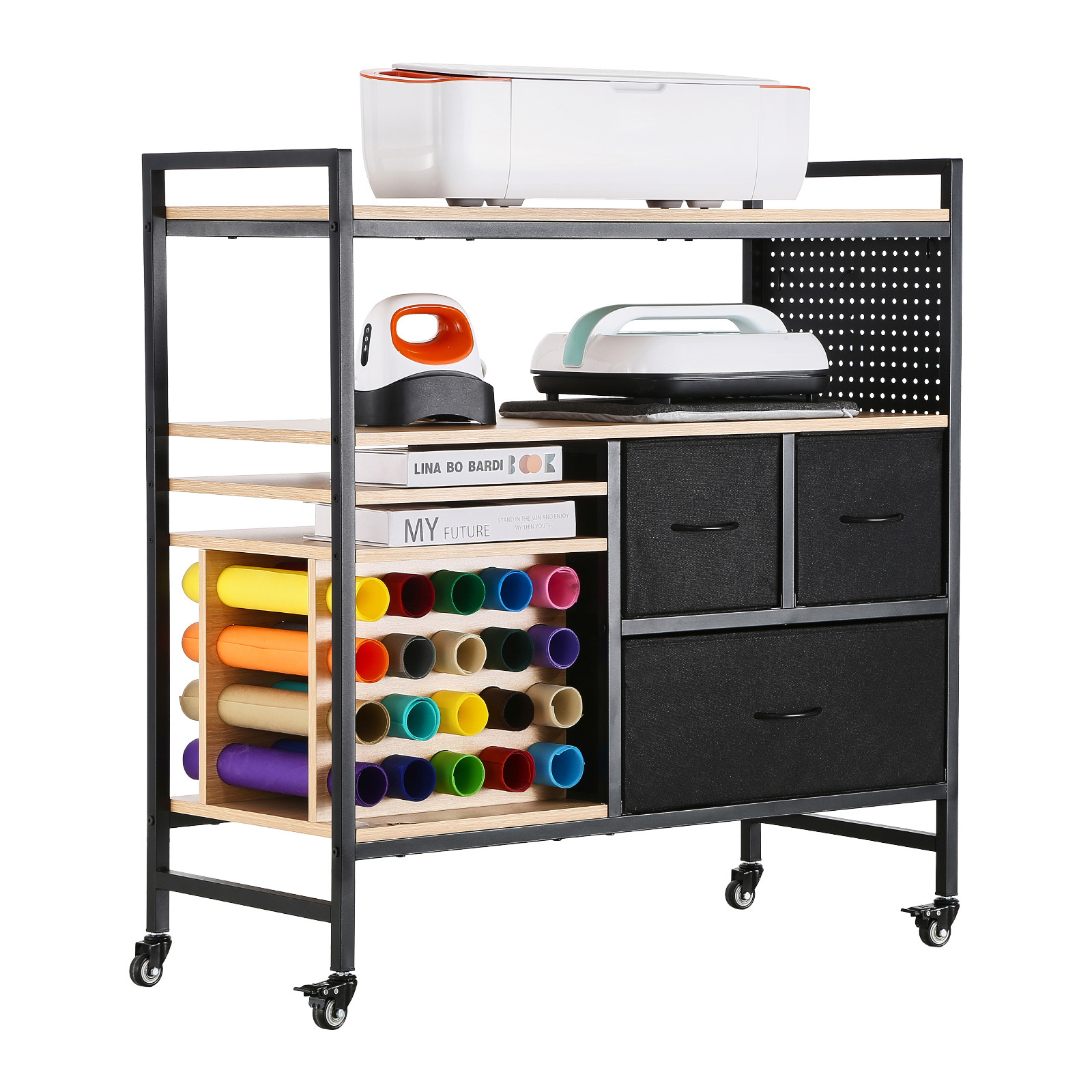Rolling Craft Cart and Storage Table with 20 Vinyl Roll Holders 3 Drawers Black