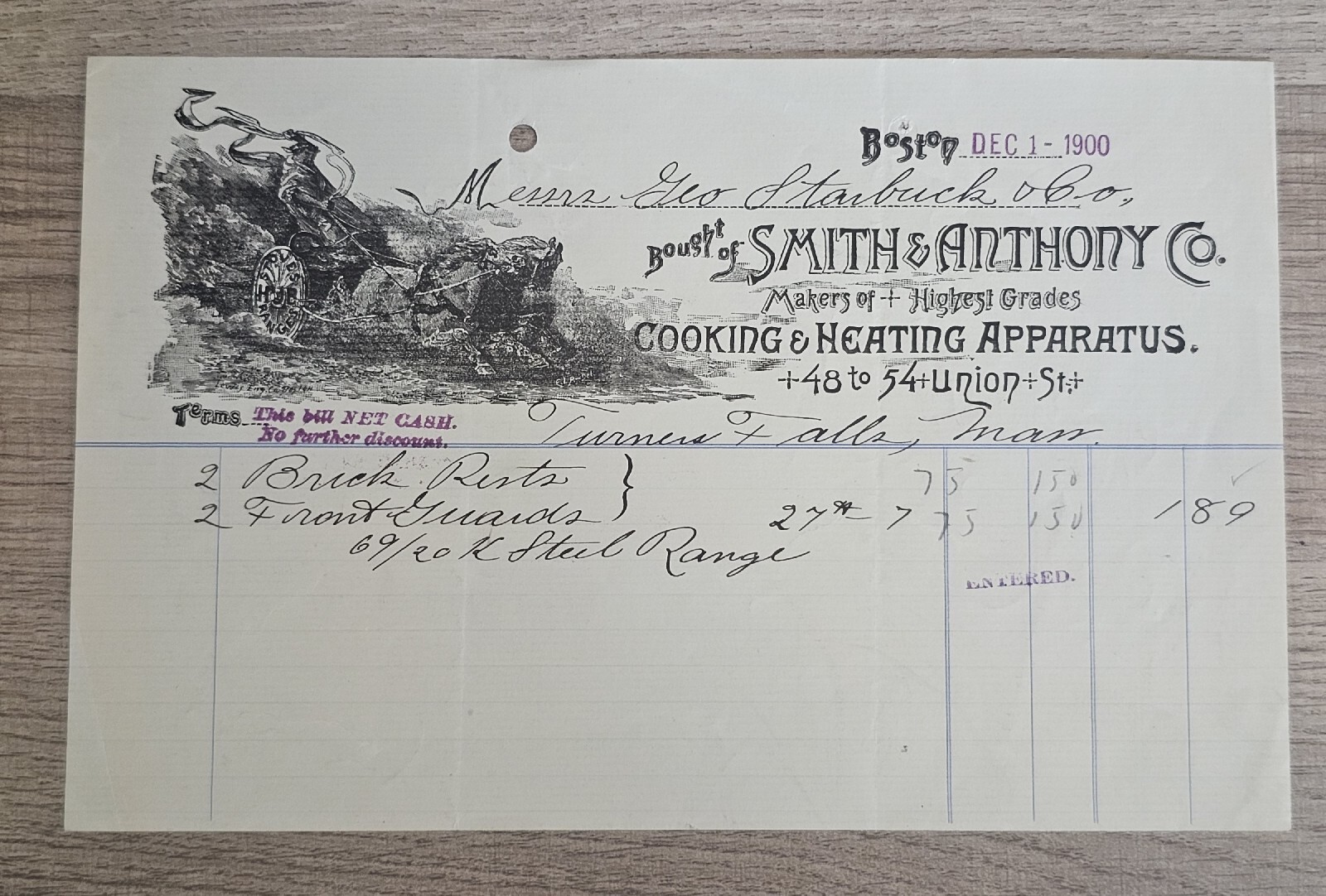 1900 Cooking & Heating Apparatus Illustrated Billhead Receipt  Boston, MA