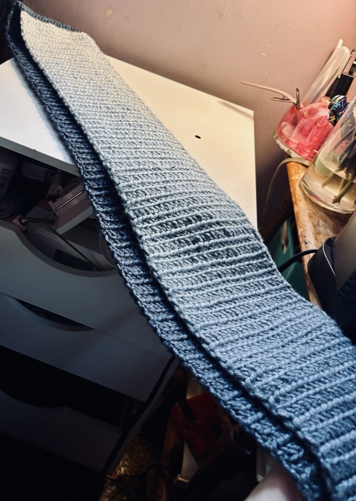 Handmade Crocheted Scarf, Blue & Gray completely connected style!