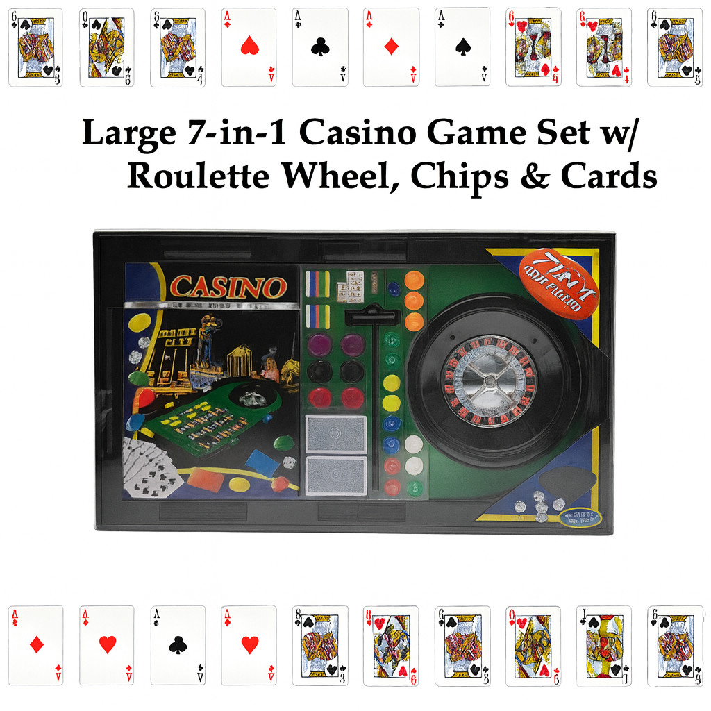 🎲 HIGH STAKES AT HOME – 7-in-1 Casino Game Set w/ Roulette Wheel, Chips & Cards