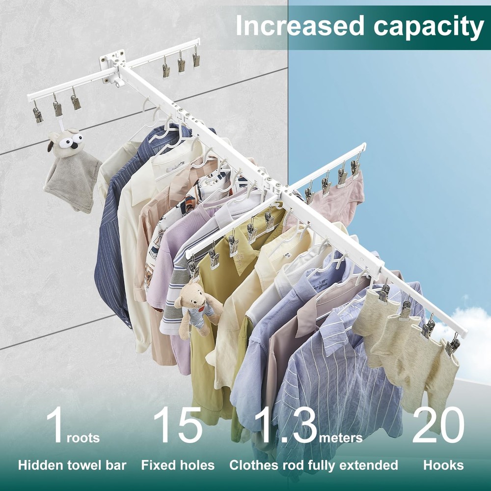 White 51" Clothes Drying Rack Retractable Foldable Wall Mounted, Tri-Fold Spa...