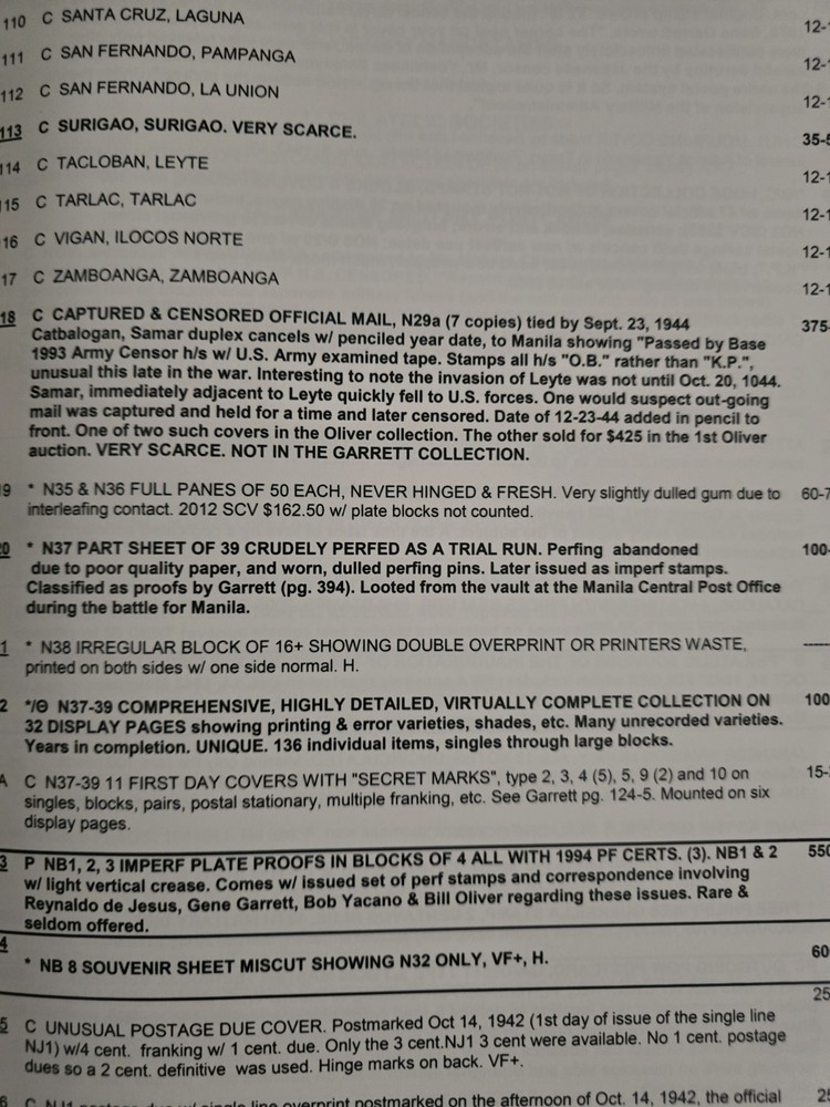 PHILIPPINES FILIPINAS Stamp Auuction Catalog William Oliver Collection