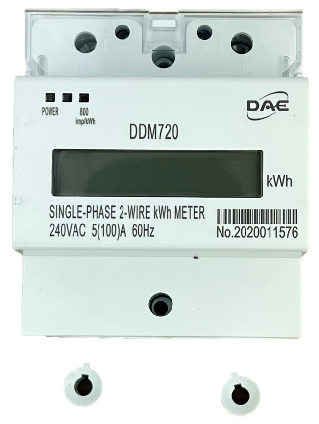 DAE DDM720 240V kWh Meter, 100A, 1P2W (2 hot wire), Internal CT, Pass Through