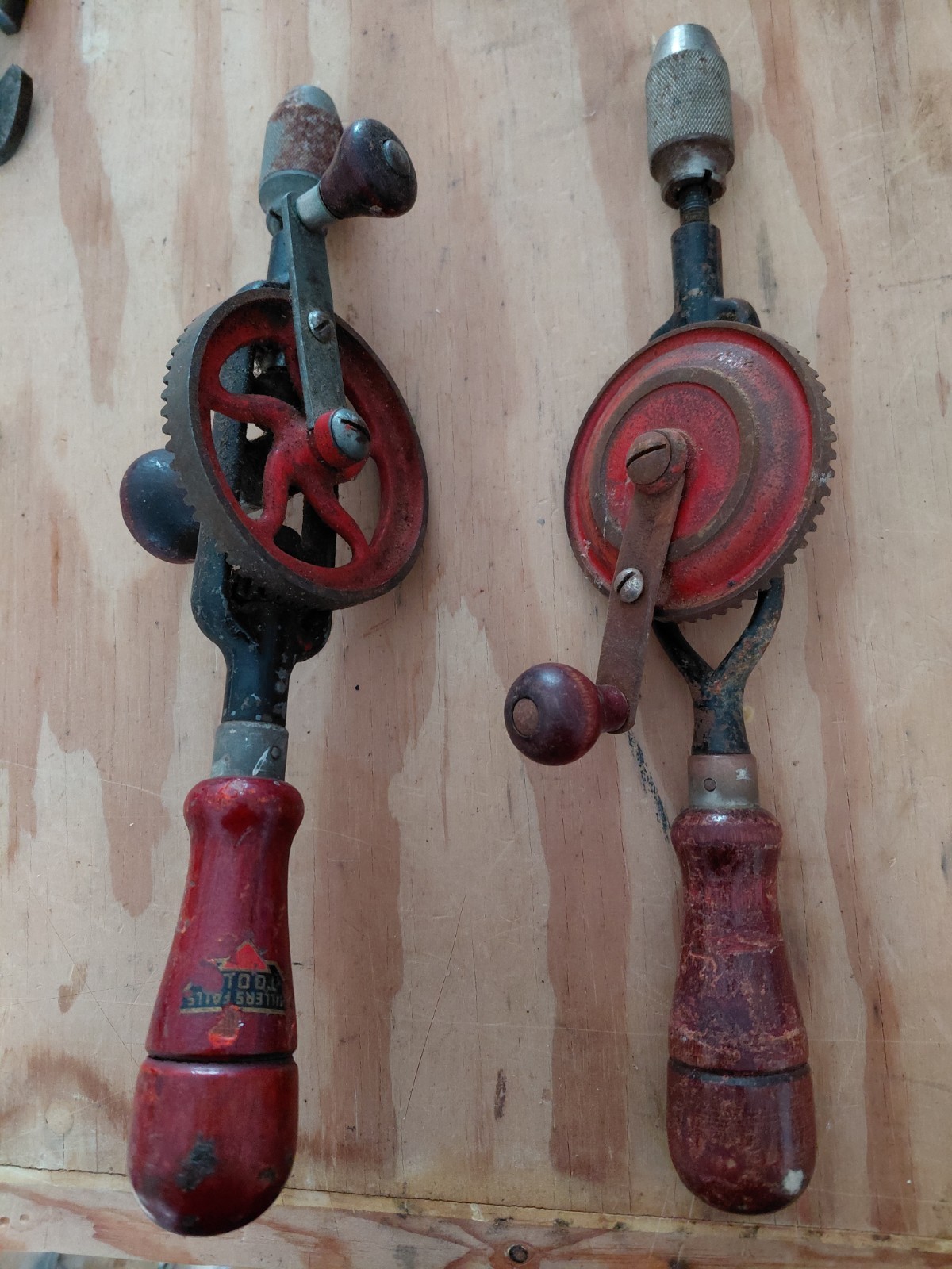 2 Antique Hand Crank Eggbeater Drill Wood Handles Manual Tools
