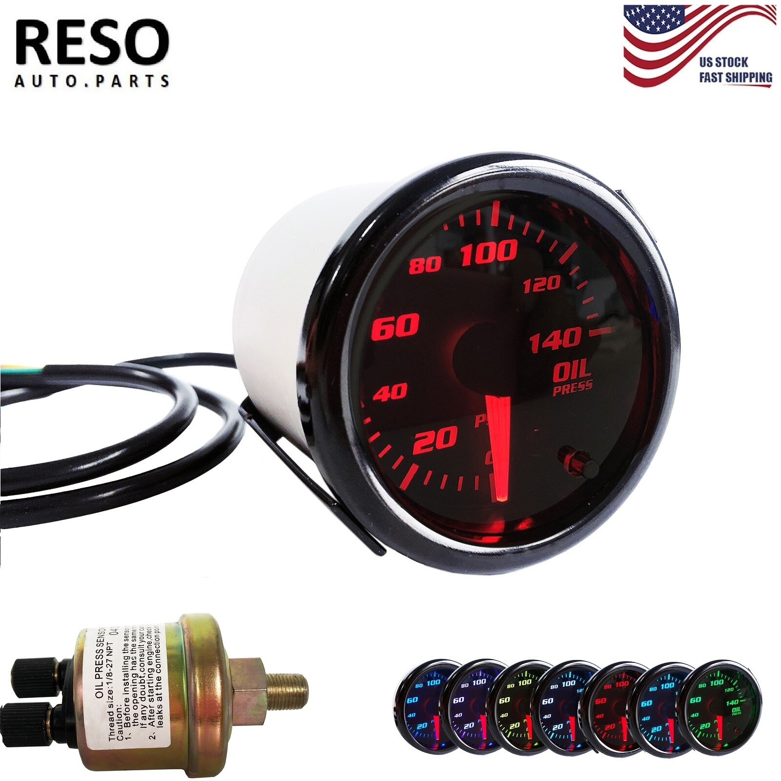 0-140 PSI 2'' 52mm 7 Color LED Digital Oil Pressure Gauge Meter W/ Sensor