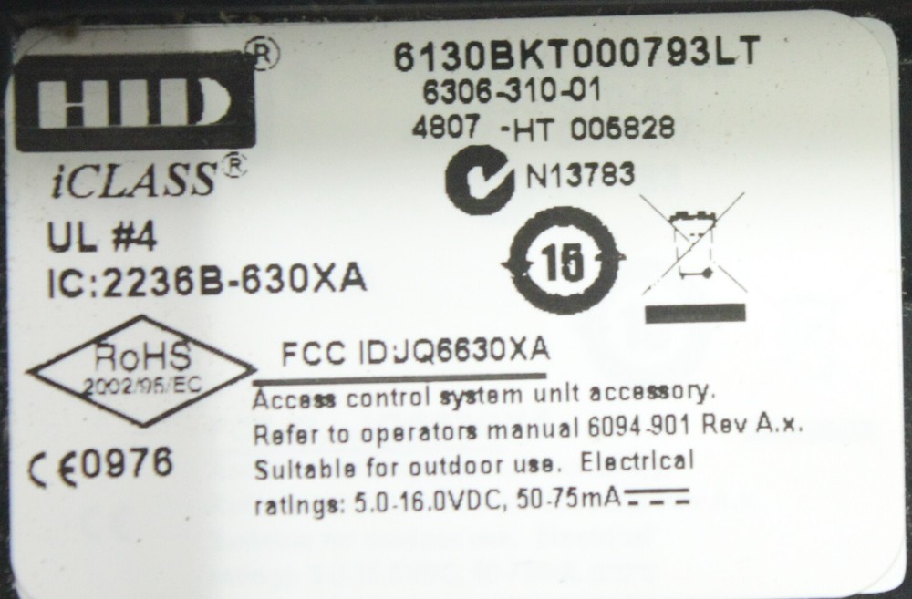 HID iCLASS Wall Switch Reader 6130BKT000793LT-No Mounting