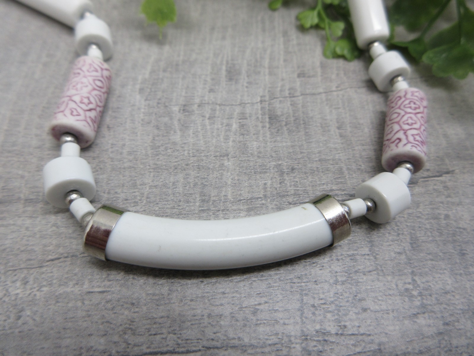 Ceramic Beads Necklace White Pink 24 Inches Native American Inspired Design