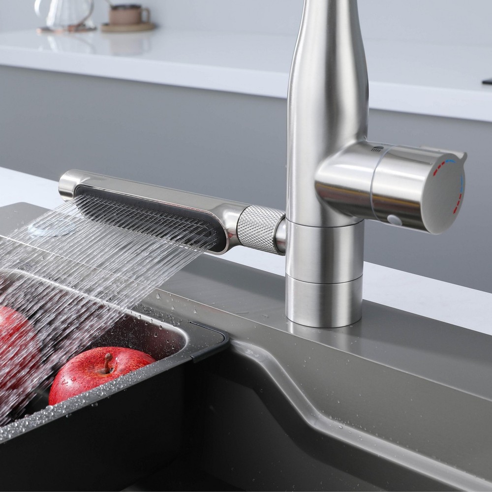 Stainless Steel Waterfall Kitchen Faucet with Pull Down Sprayer, 3 Spray Modes