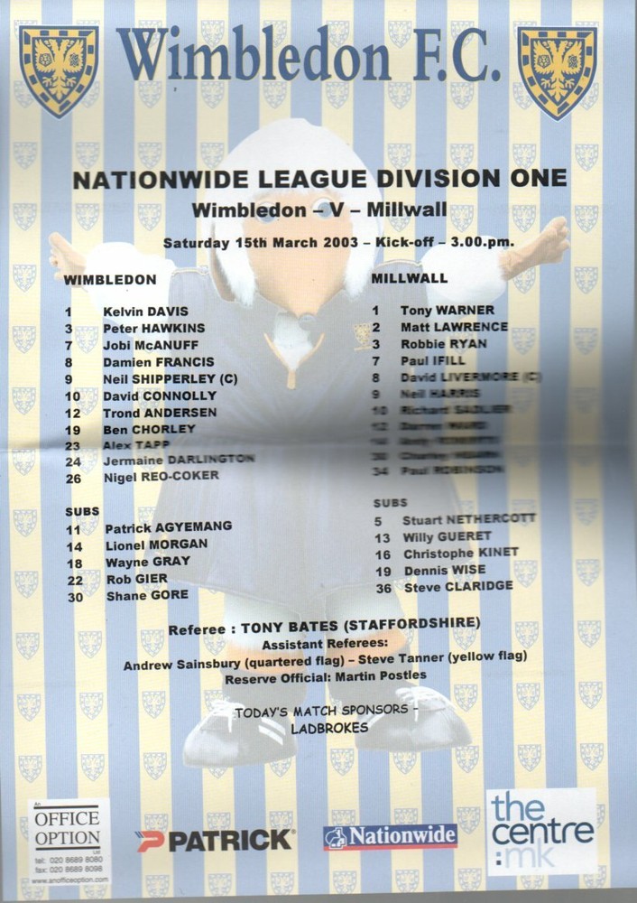 Team Sheet - Wimbledon v Millwall 15.3.2003