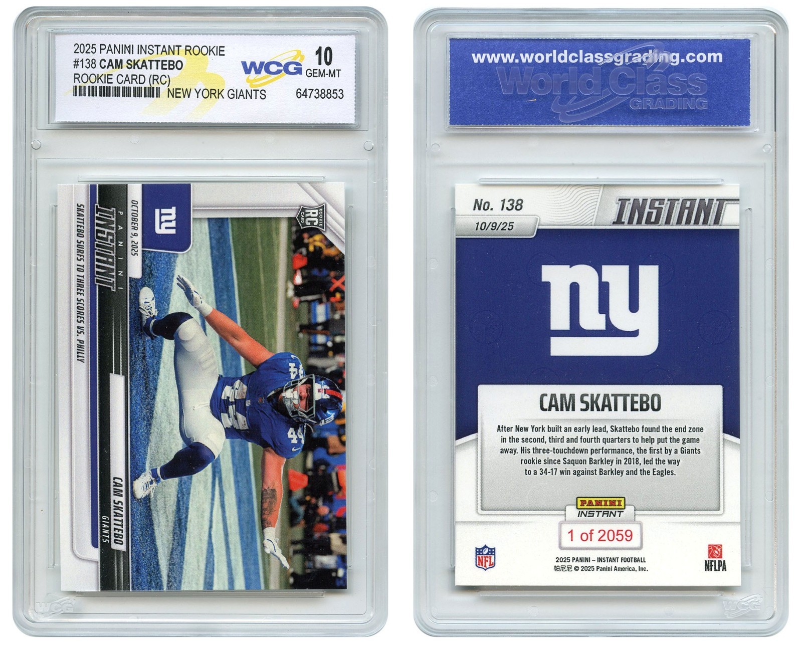 2025 NFL Panini CAM SKATTEBO NY Giants RB ROOKIE CARD RC #138 Graded GEM-MINT 10
