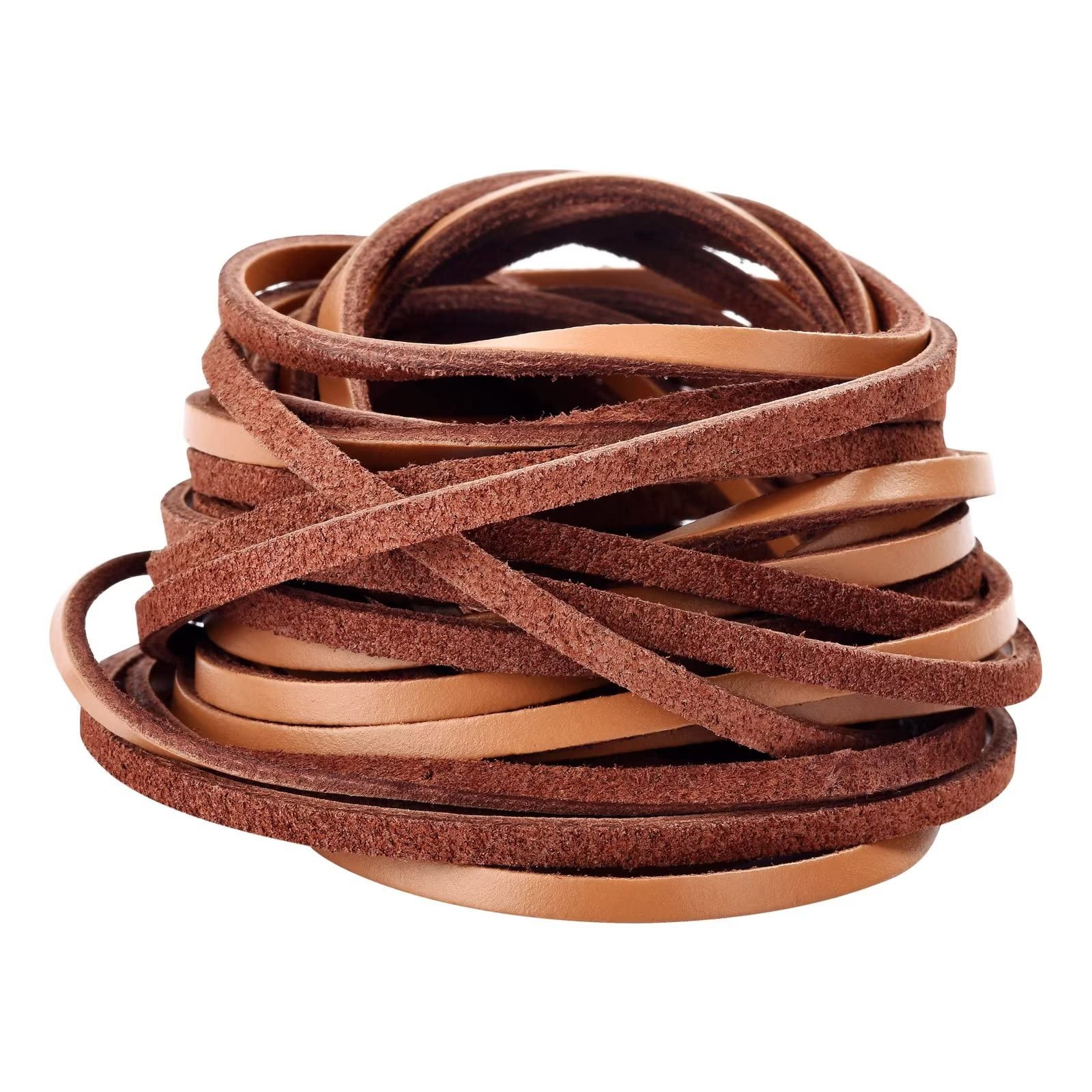 TeeLiy 3mm Flat Genuine Leather Cord, Strip Cord Braiding String Flat, Tan
