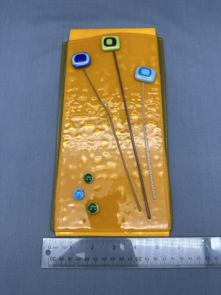 FUSED GLASS Rectangular 12" ART PANEL Orange ABSTRACT Signed DECORATIVE PLATE