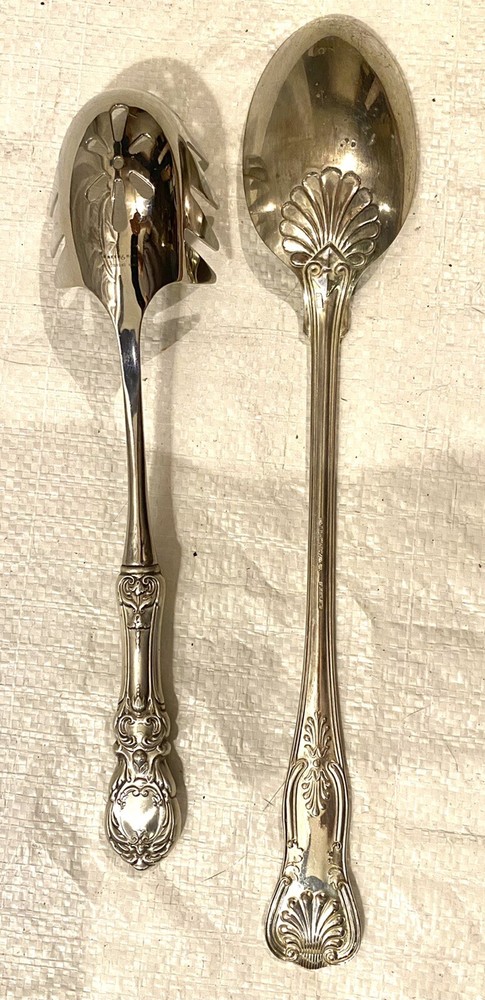 LARGE SHEFFIELD SILVER CO. SILVERPLATE SERVING SPOON & UNMARKED PASTA SPOON