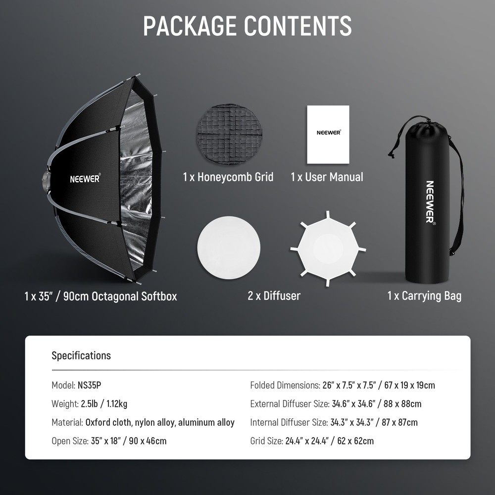 NEEWER NS35PD 35" Octagonal Softbox w/Bowens Mount, Grid & Diffuser