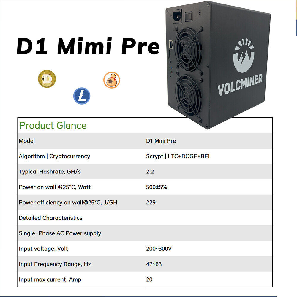 US Stock VolcMiner D1 Mini Pre LTC&Doge Coin Miner 2.2Gh/s 500W Ships 5 days TX