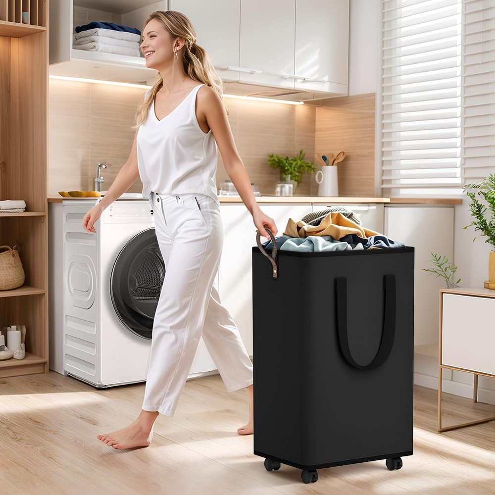 Laundry Basket With Wheels Collapsible Hamper Handles Detachable Rolling