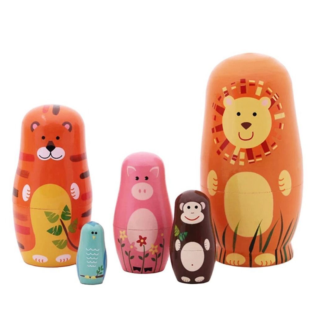 5 Pcs Cute Nesting Dolls Handmade Wooden Different Pattern Animals Pattern Toys
