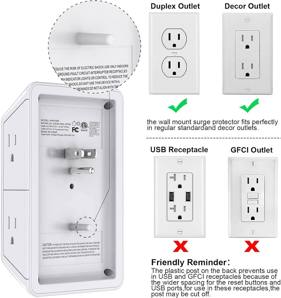 Multi Plug Outlet Surge Protector - POWRUI 6 Extender with 3 USB White