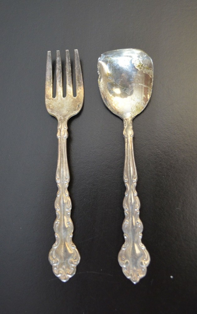 Oneida Baroque Silverplate Baby Fork with damaged Spoon