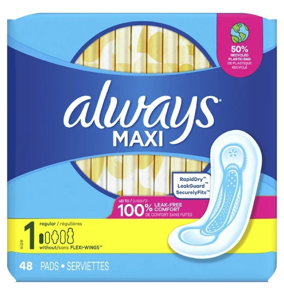 Always Maxi Pads without Wings, Size 1, Regular Absorbency, 48 Count
