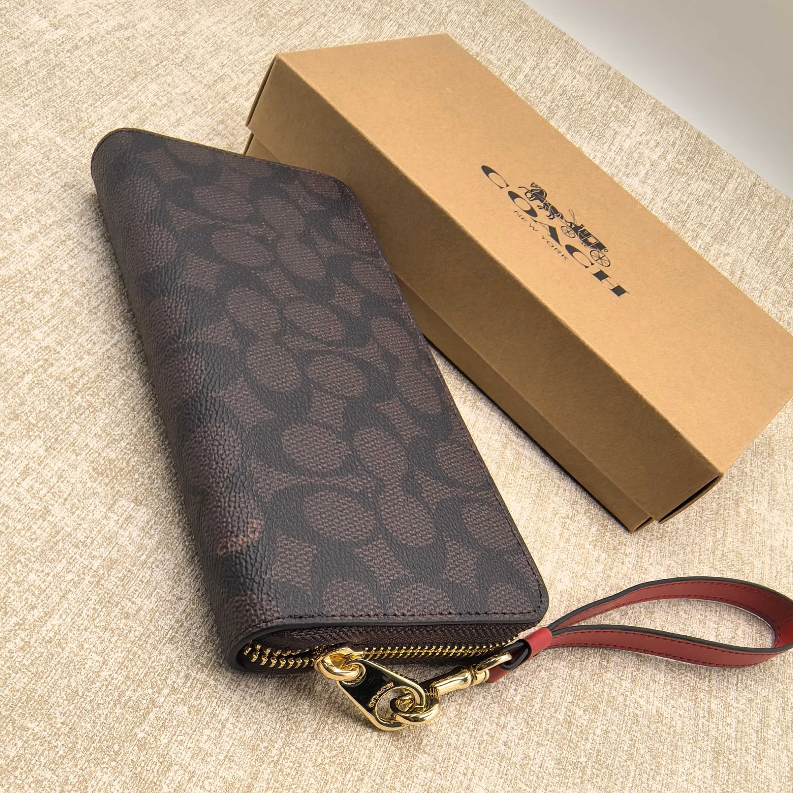 New Coach CW778 Long Zip Around Wallet in Signature Canvas Walnut and Bold Red