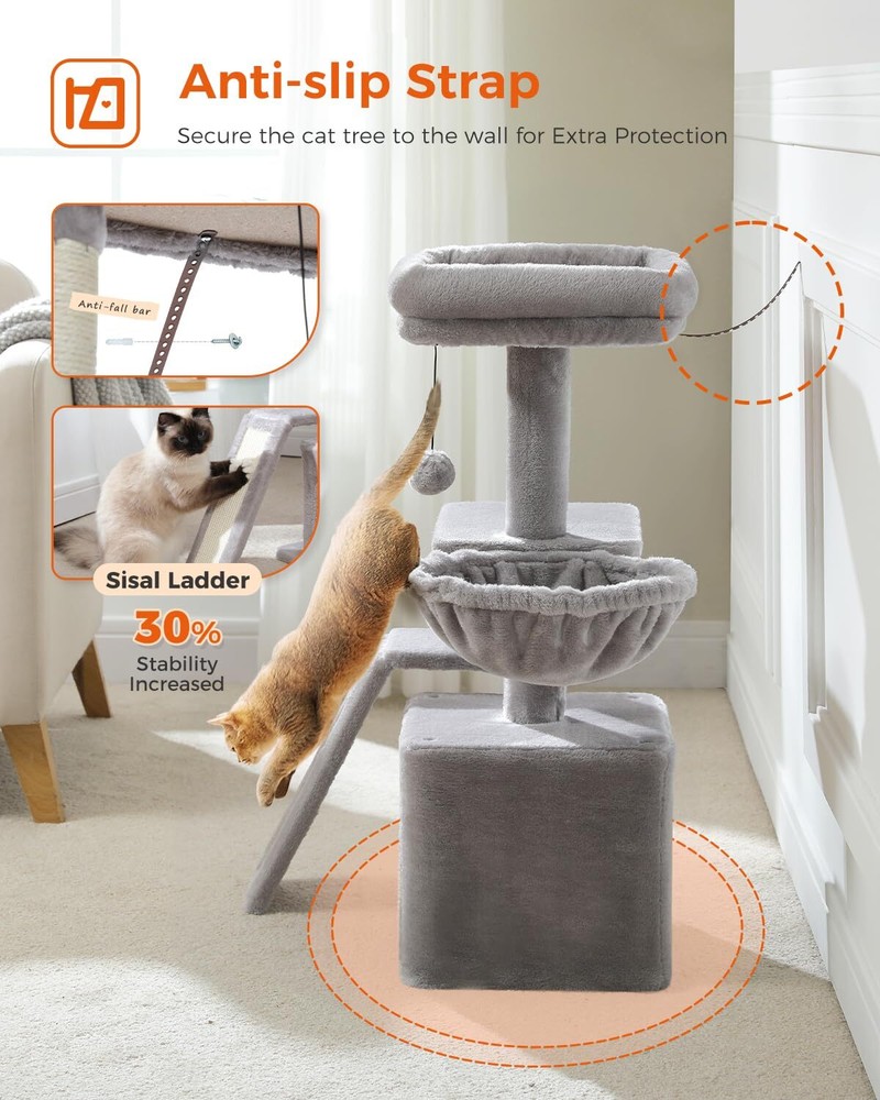 Small Cat Tree 32'' with Scratching Ramp Hammock and Top Bed Perch Grey