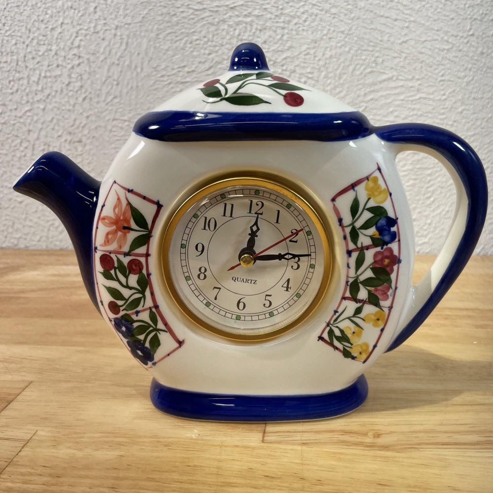 Ack Vintage Flower Theme Teapot Shaped Quartz Desk Clock - Tested