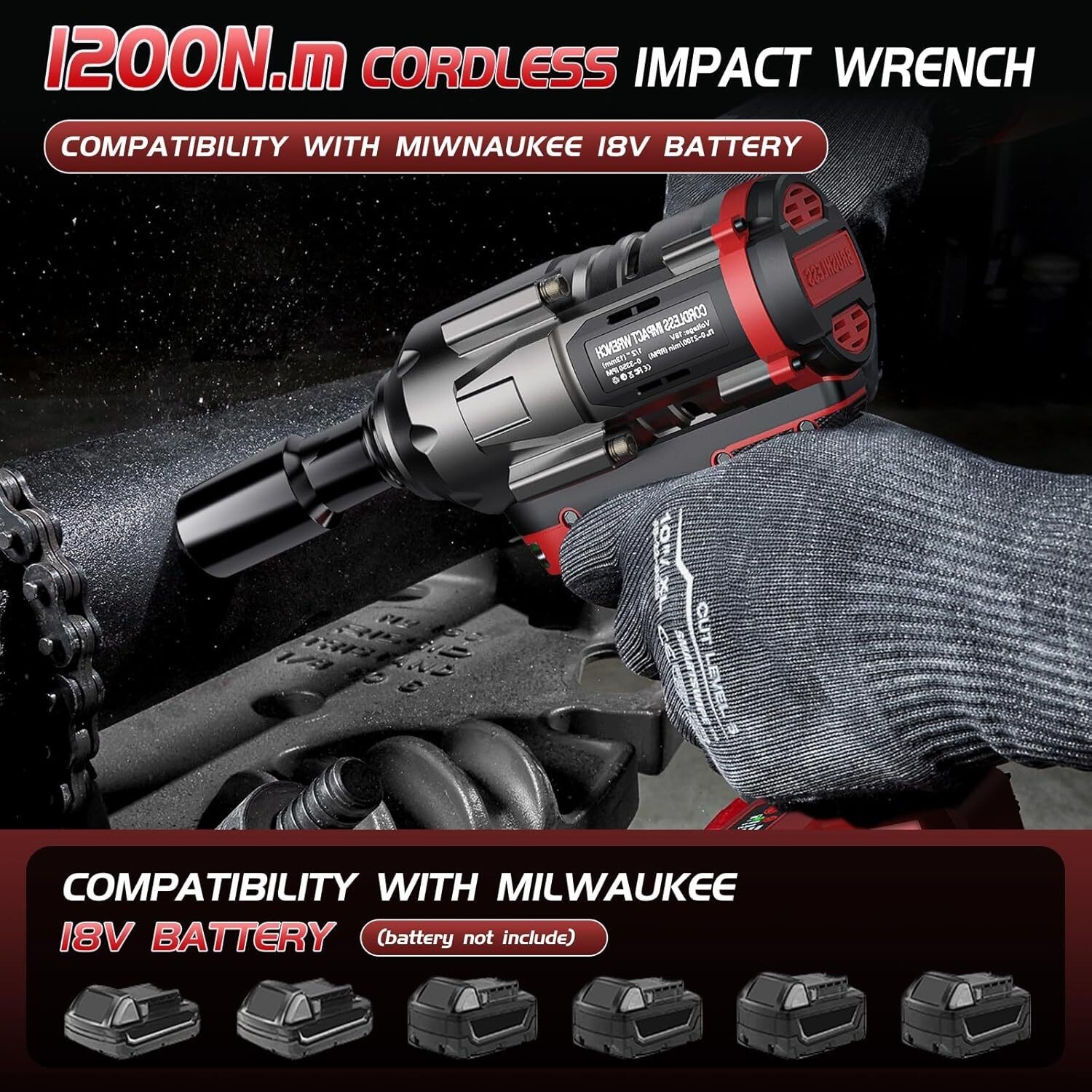 Cordless Impact Wrench 1/2 inch for Milwaukee 18V Battery, 900Ft-lbs(1200N.m) Hi