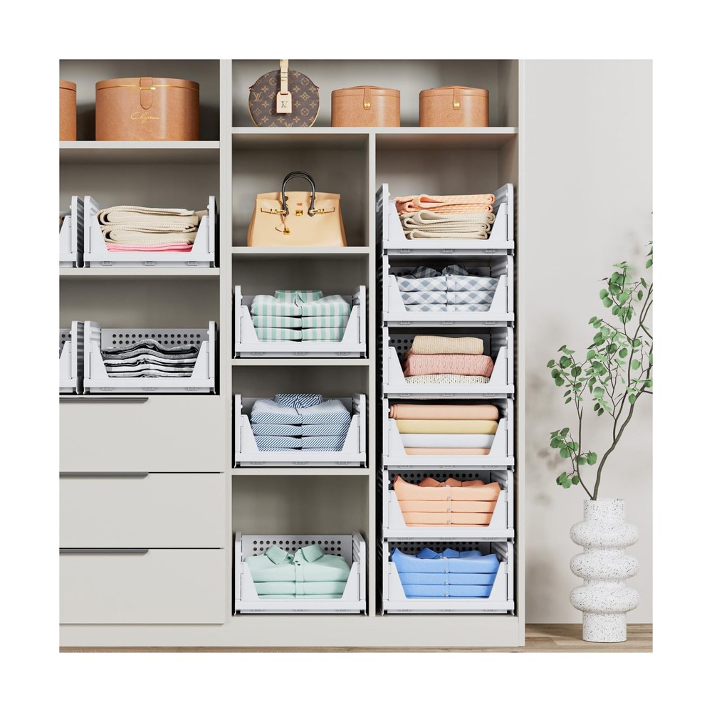 5 Pack Stackable Closet Storage Basket - Stackable Storage Bins, Multifunctio...