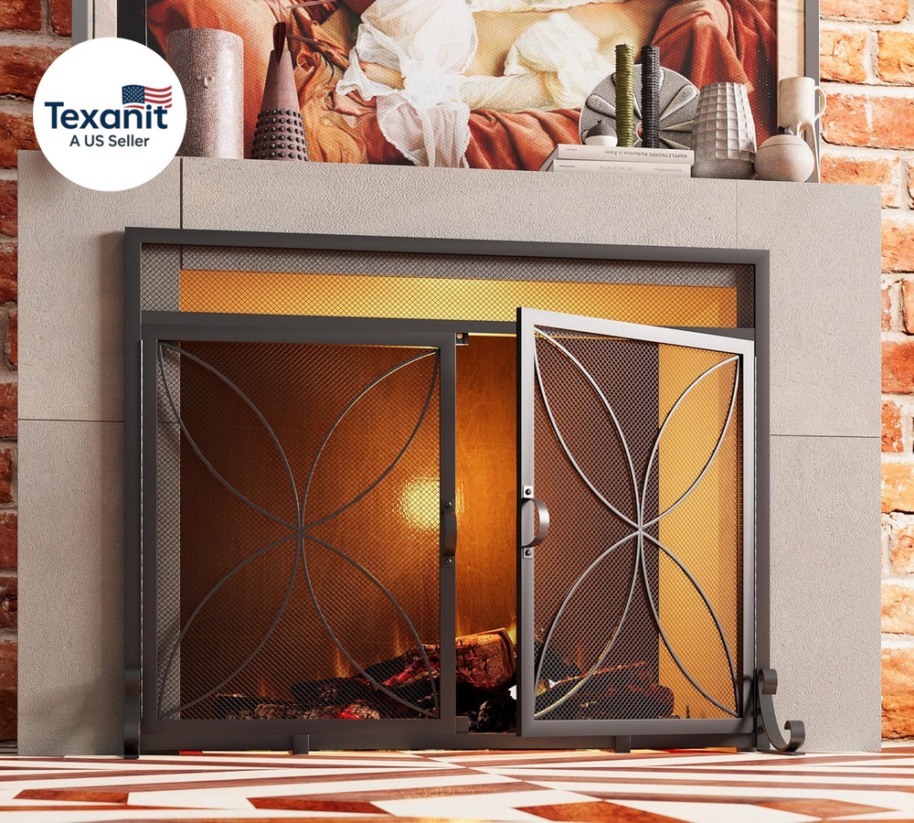 Fireplace Screen with Magnetic Doors,Handcrafted Wrought Iron Classical Scroll D