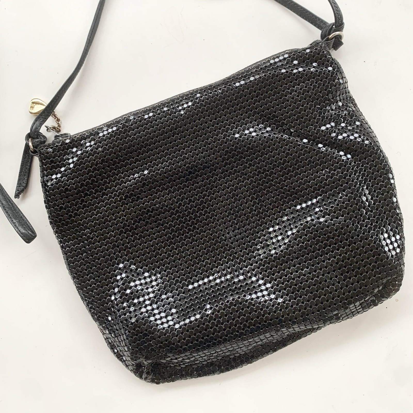 Vintage Whiting & Davis Black Metal Mesh Purse Bag Crossbody 7” Leather Strap