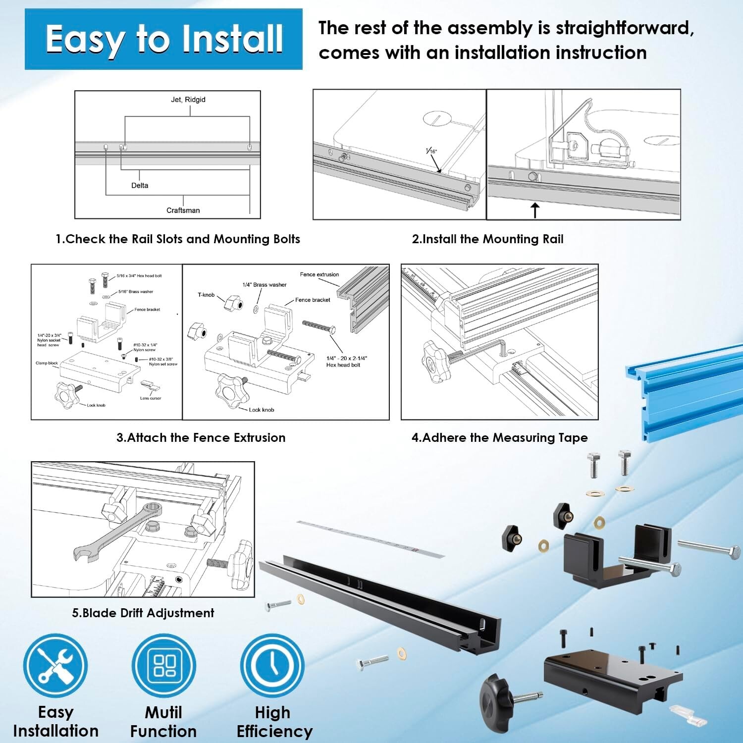 KMS7200 Bandsaw Fence for Most 14 Inch Band Saws, for Jet Delta General Grizzly