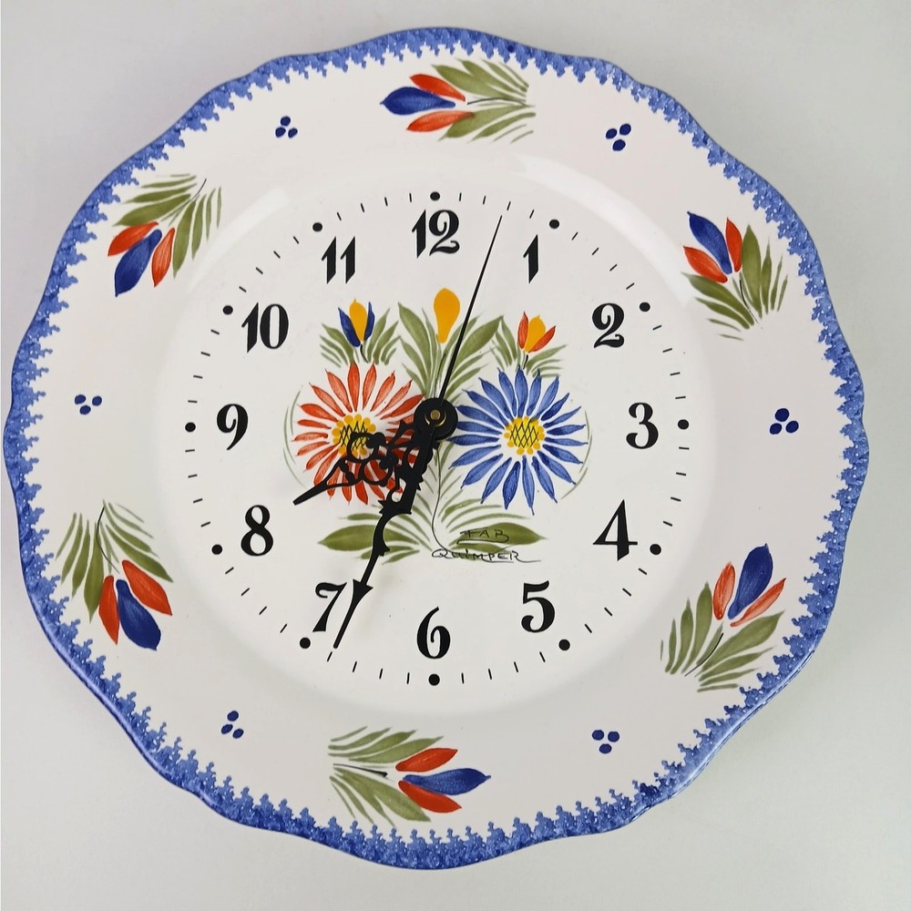 Henriot Quimper Hand Painted Faience Pottery Wall Clock Fleuri Pattern Signed
