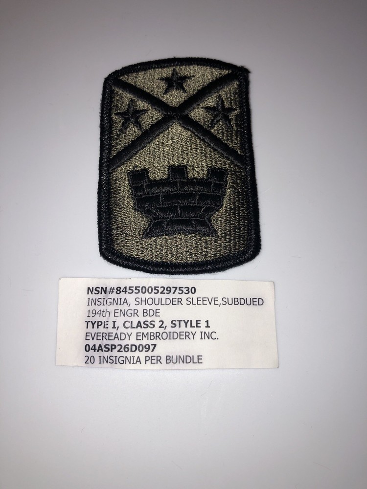 194th Engineer Brigade Subdued U.S. Army Shoulder Patch Insignia