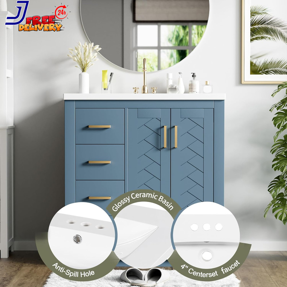 30'' Bathroom Vanity with Ceramic Sink Combo Solid Wood Frame Bathroom Storage